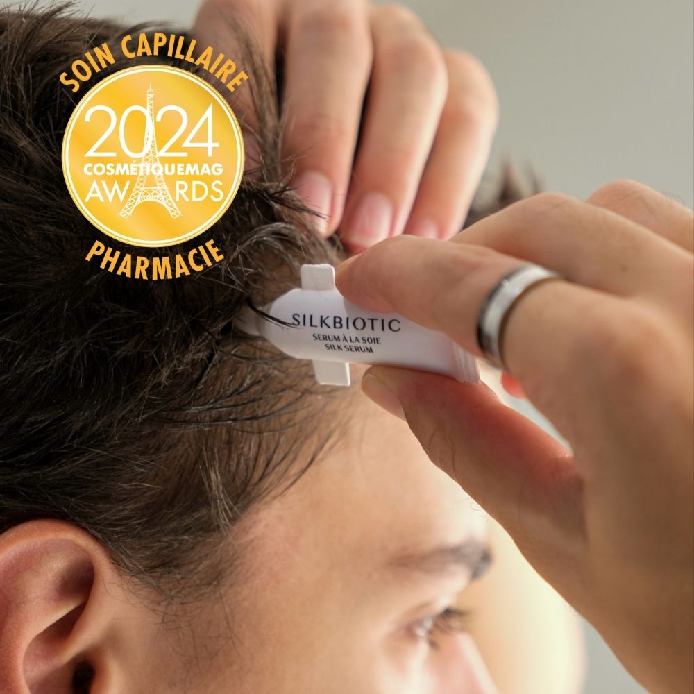 Application du sérum cuir chevelu SILKBIOTIC, primé soin capillaire 2024 pharmacie