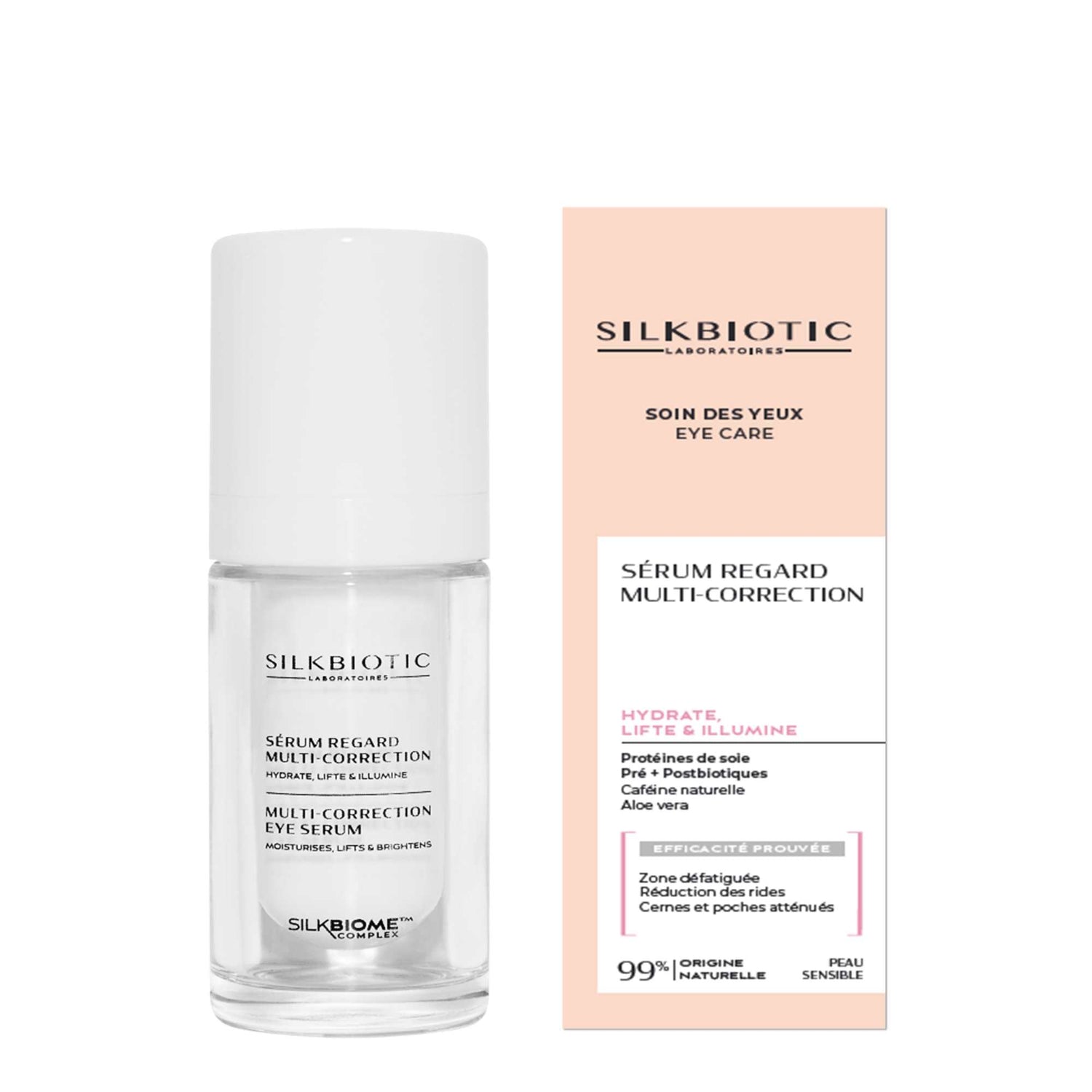 Flacon du sérum regard multi-correction Silkbiotic à base de protéines de soie, conçu pour hydrater, lifter et illuminer le contour des yeux.