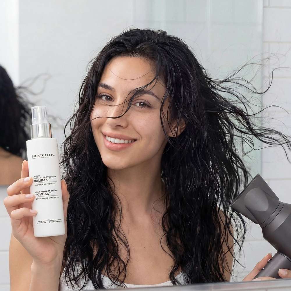 En un seul geste, les cheveux sont protégés de la chaleur des appareils coiffants ainsi que de l'humidité pour une coiffure qui dure