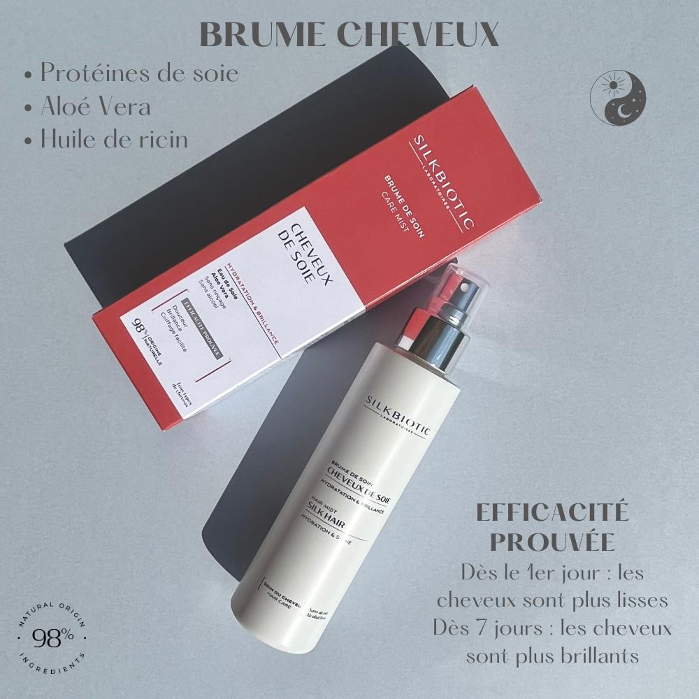 Brume cheveux SILKBIOTIC : protéines de soie, aloe vera, huile de ricin, efficacité prouvée.