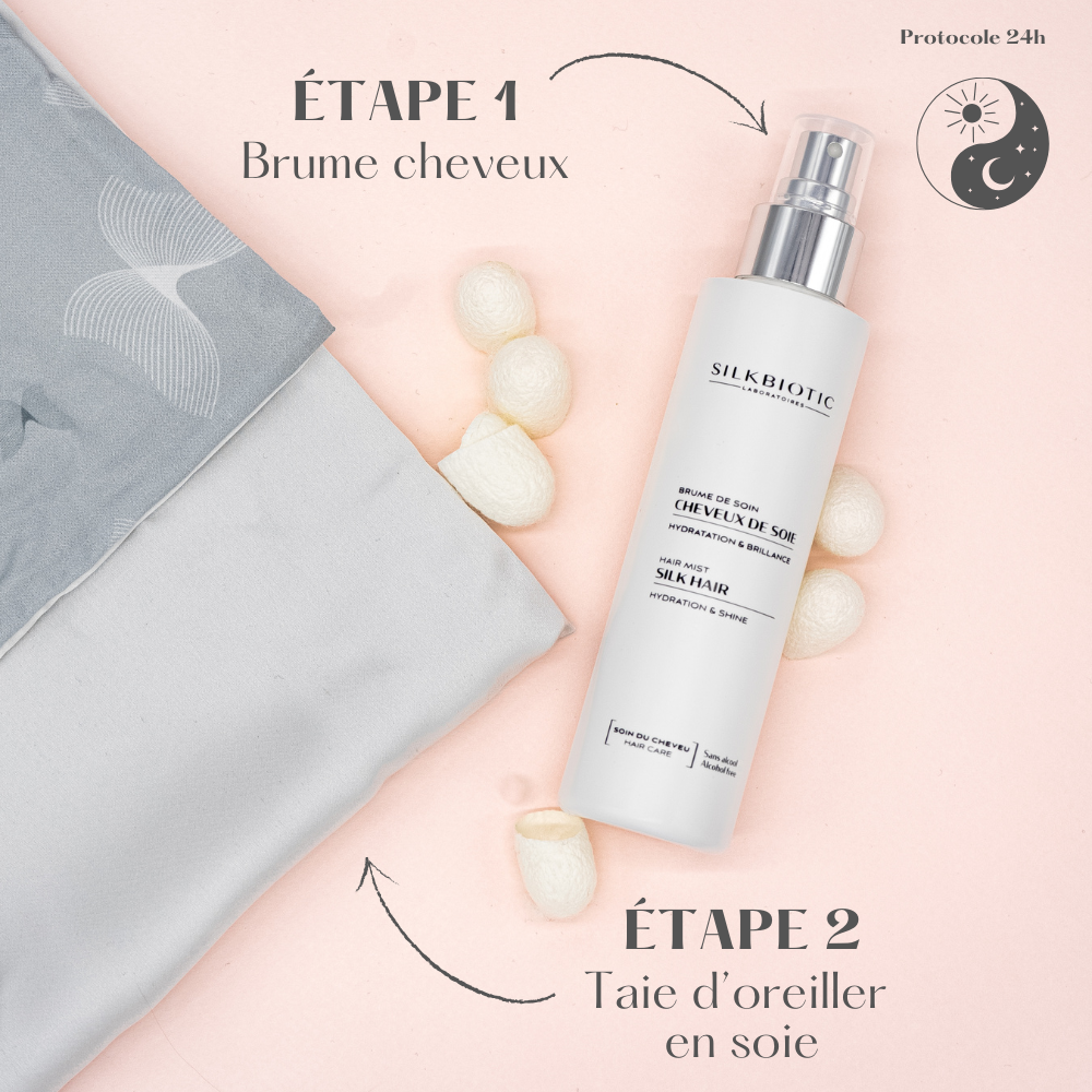 Protocole 24h : étape 1 brume cheveux de soie, étape 2 taie d&