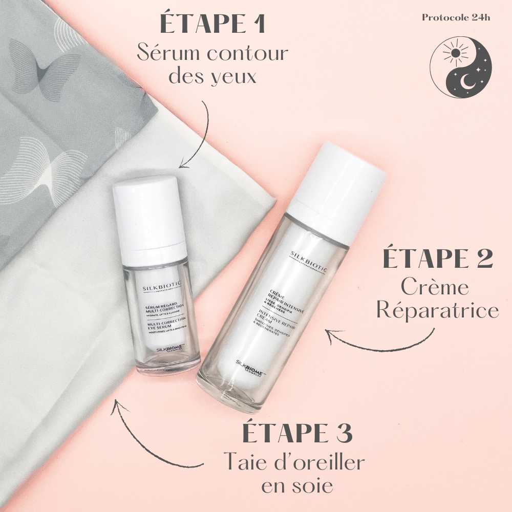 Protocole 24h SILKBIOTIC : sérum contour des yeux, crème réparatrice et taie d&