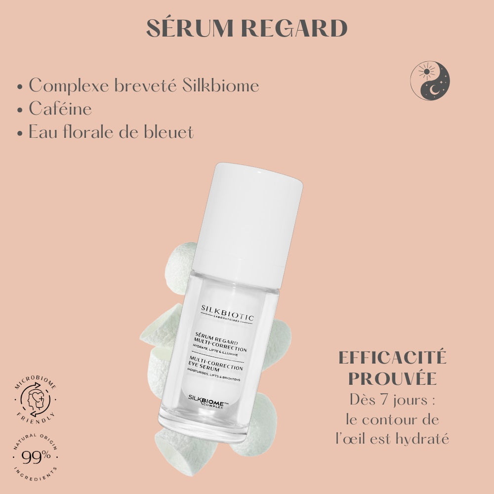 Sérum Regard Silkbiotic : Complexe Silkbiome, caféine, eau florale de bleuet, efficacité prouvée dès 7 jours.