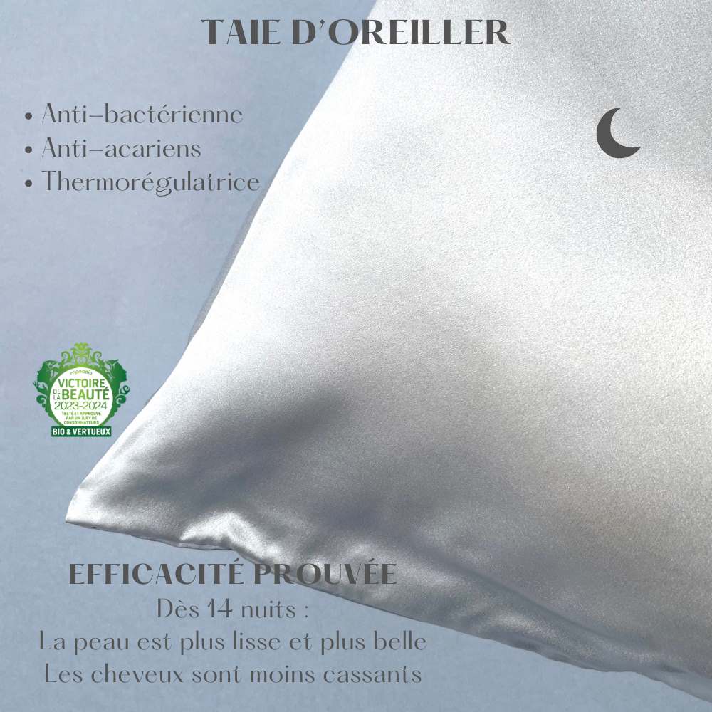 Taie d’oreiller soie SILKBIOTIC anti-bactérienne, anti-acariens, thermorégulatrice.