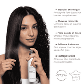 Bouclier thermique qui renforce le cheveux, gainent la fibre, apporte brillance et douceur, facilite le coiffage