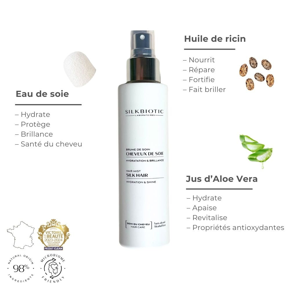 Brume de soin cheveux de soie SILKBIOTIC : eau de soie, aloe vera, huile de ricin.