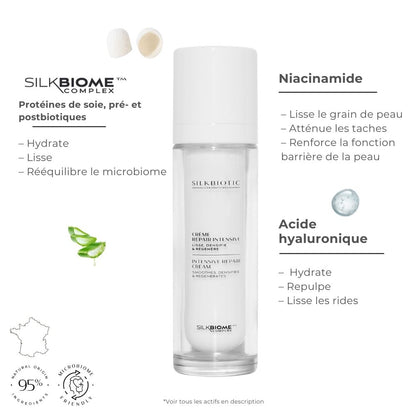 Actifs de la crème repair intensive de chez SILKBIOTIC. Excellente sur Yuka, 95% de naturalité.