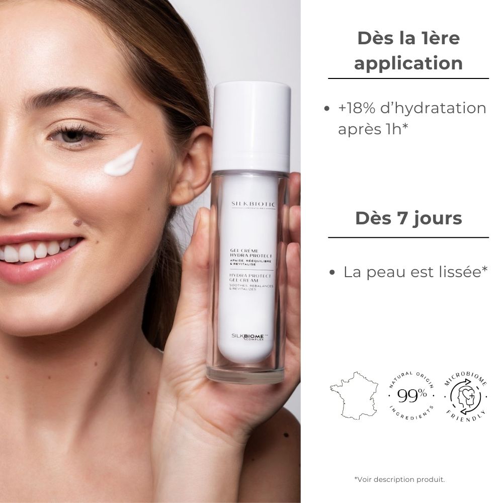 La gel-crème Hydra-Protect de chez SILKBIOTIC est à base de soie. Elle apaise, rééquilibre et revitalise la peau. 