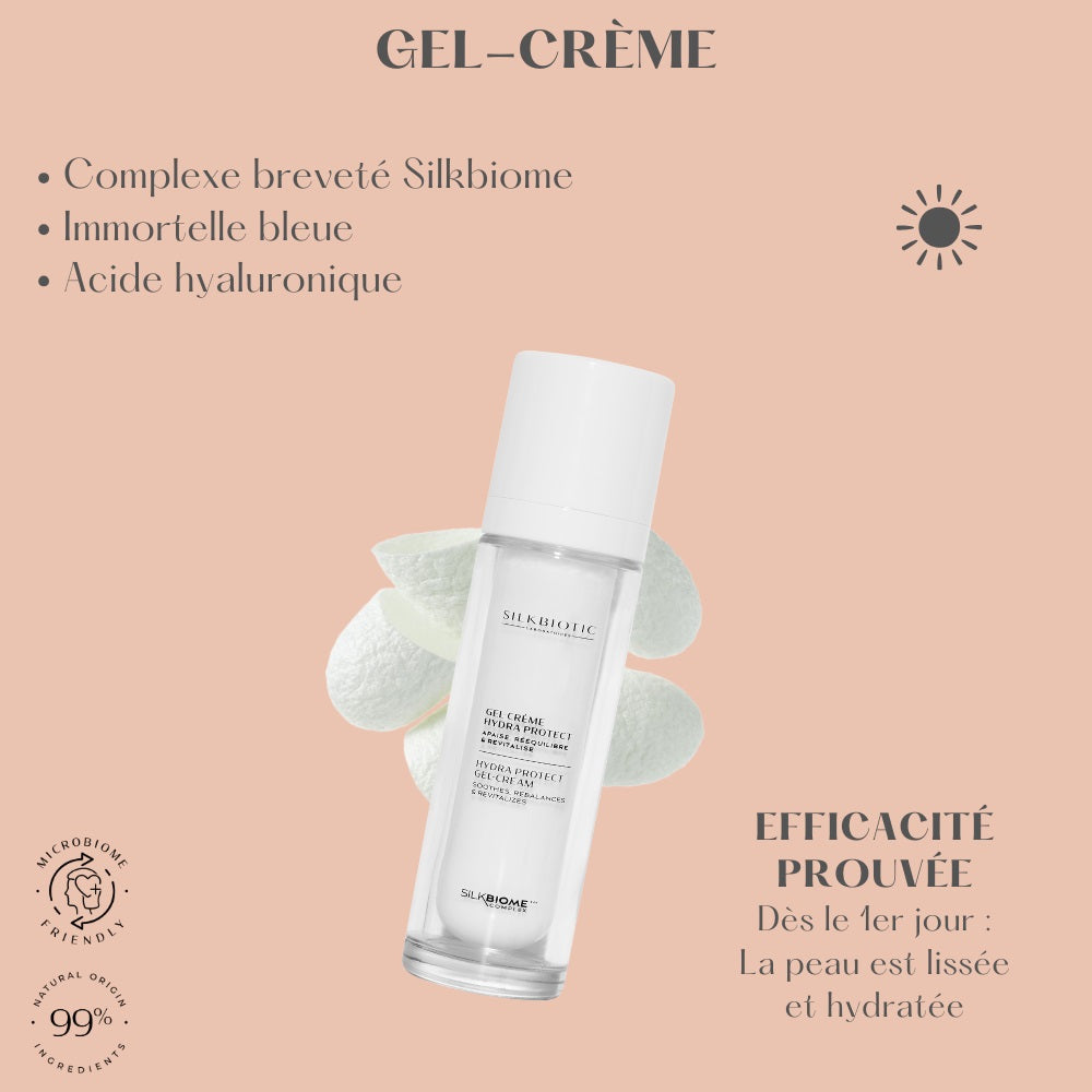 Gel-crème Hydra-Protect SILKBIOTIC : Immortelle bleue, acide hyaluronique, peau lissée.