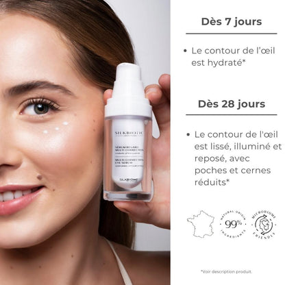 Pour un regard lumineux et reposé. Avec ce sérum contour des yeux à la soie, les cernes et poches sont réduits. Un produit excellent sur YUKA.