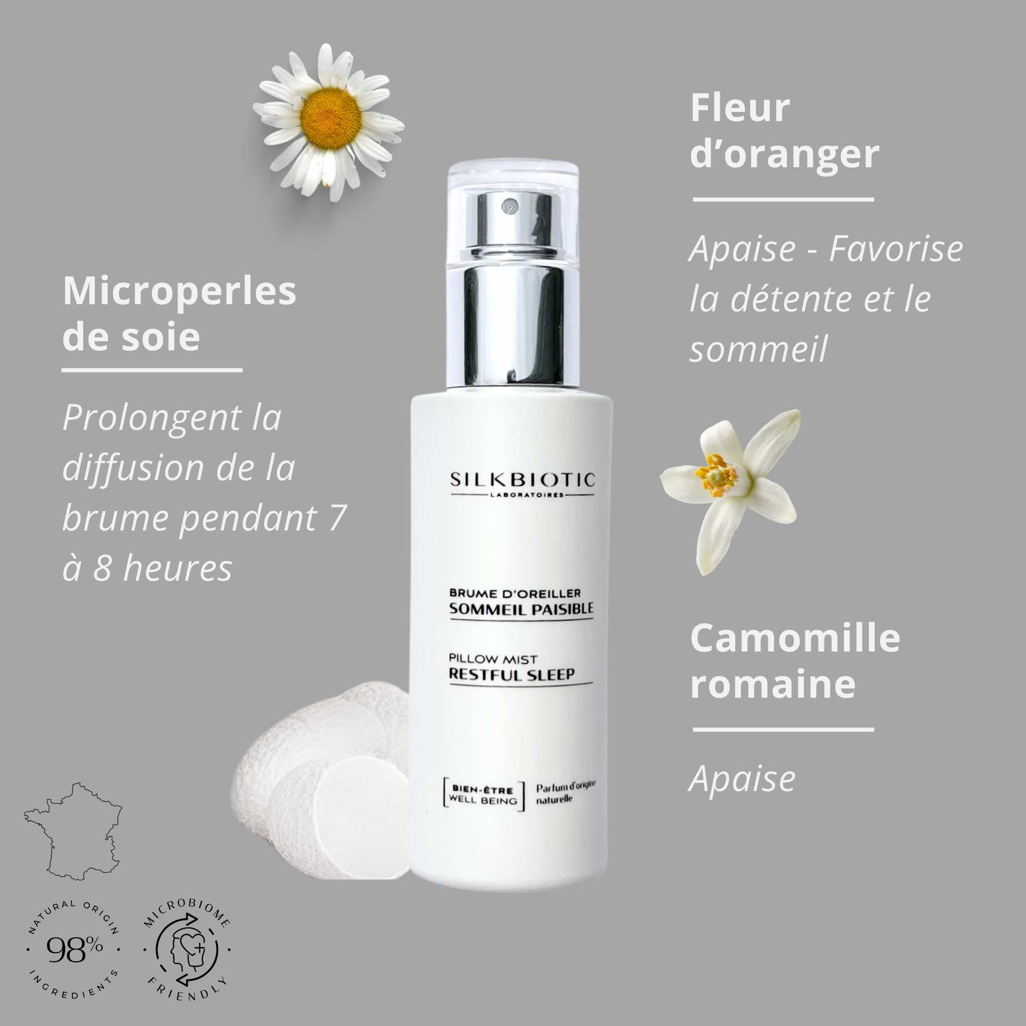 Brume oreiller sommeil Silkbiotic : camomille, fleur d&