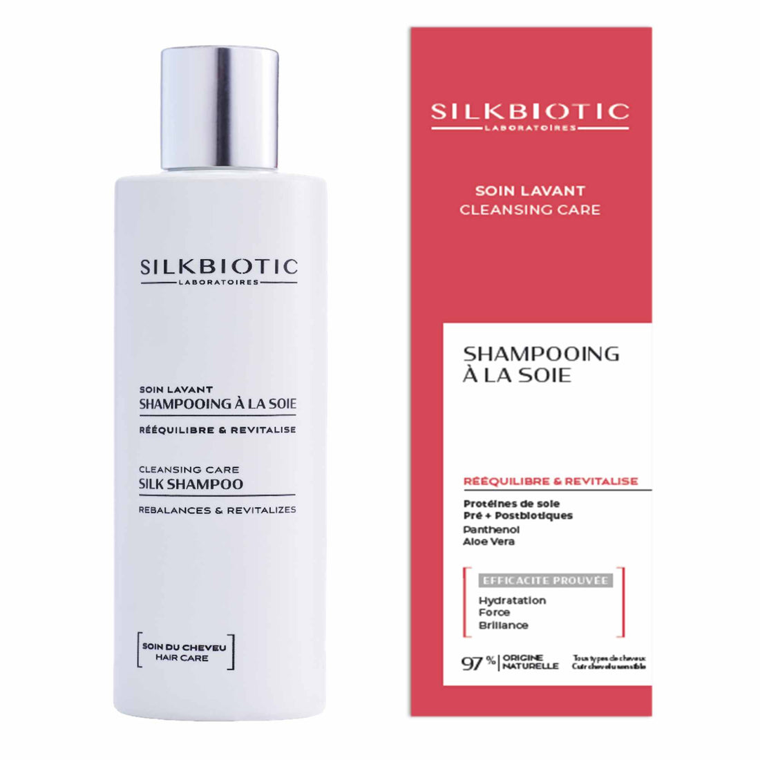 Shampoing à la soie Silkbiotic : hydrate, rééquilibre et revitalise les cheveux.