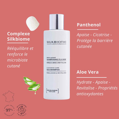 Shampoing à la soie Silkbiotic : Silkbiome, Panthénol, Aloe vera pour cuir chevelu sain.