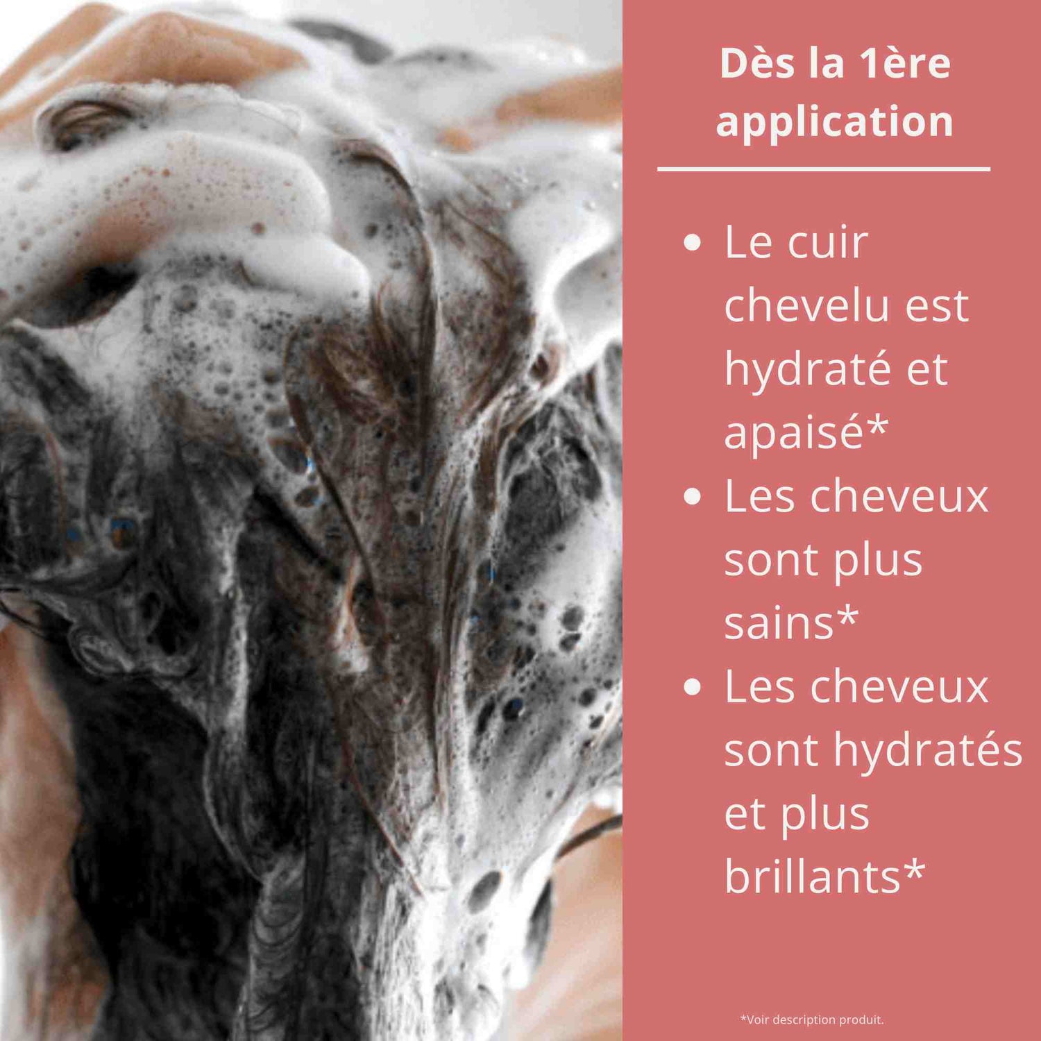 Résultats du shampoing à la soie : hydrate, apaise le cuir chevelu, cheveux brillants.