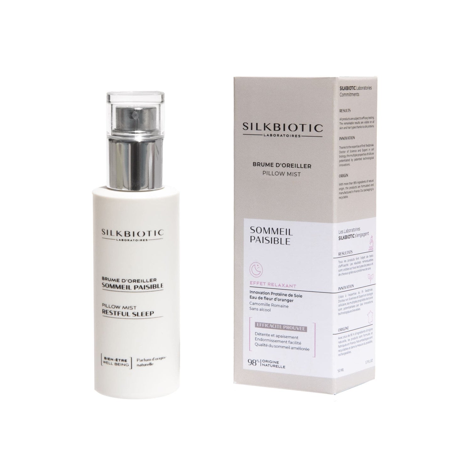 Brume d’oreiller Sommeil Paisible SILKBIOTIC, relaxante, naturelle et sans alcool.