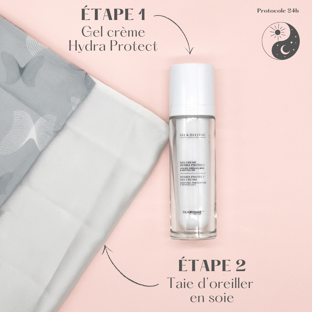 Coffret peau sublime - Étapes du protocole 24h SILKBIOTIC : Gel crème Hydra Protect et taie en soie.