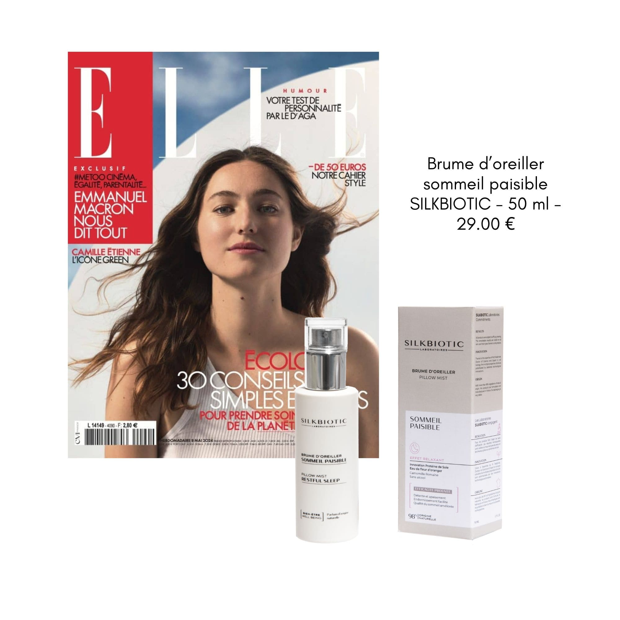 Brume d’oreiller SILKBIOTIC mise en avant dans le magazine ELLE, format 50 ml.