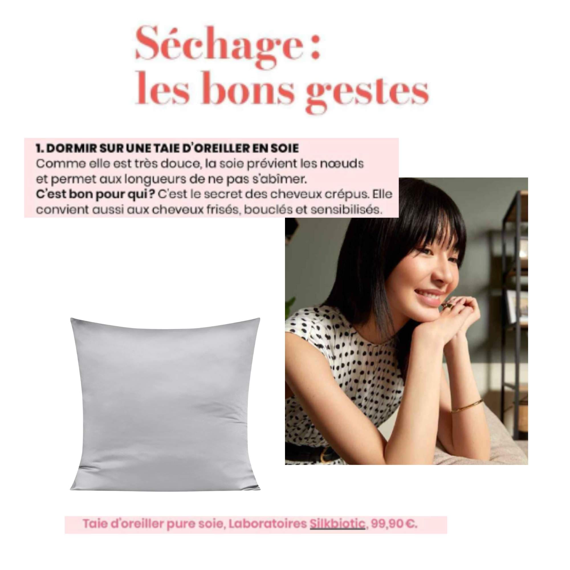 Article Femme Actuelle expliquant les bienfaits des taies en soie SILKBIOTIC pour cheveux crépus, frisés, bouclés et sensibilisés.