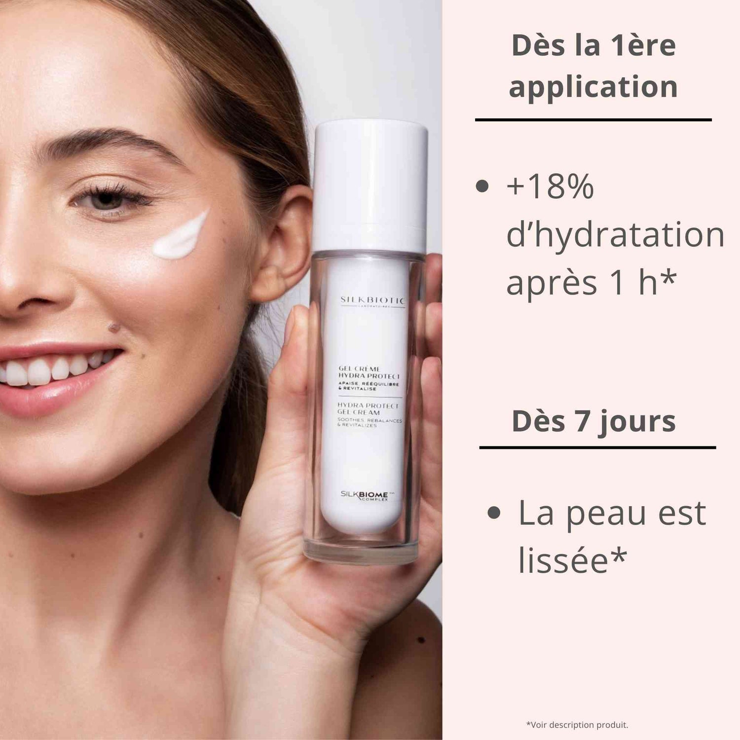 Gel-Crème Hydra Protect : peau hydratée dès 1h, peau lisse dès 7 jours.