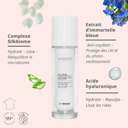 Gel-Crème Hydra Protect : Silkbiome, immortelle bleue, acide hyaluronique.