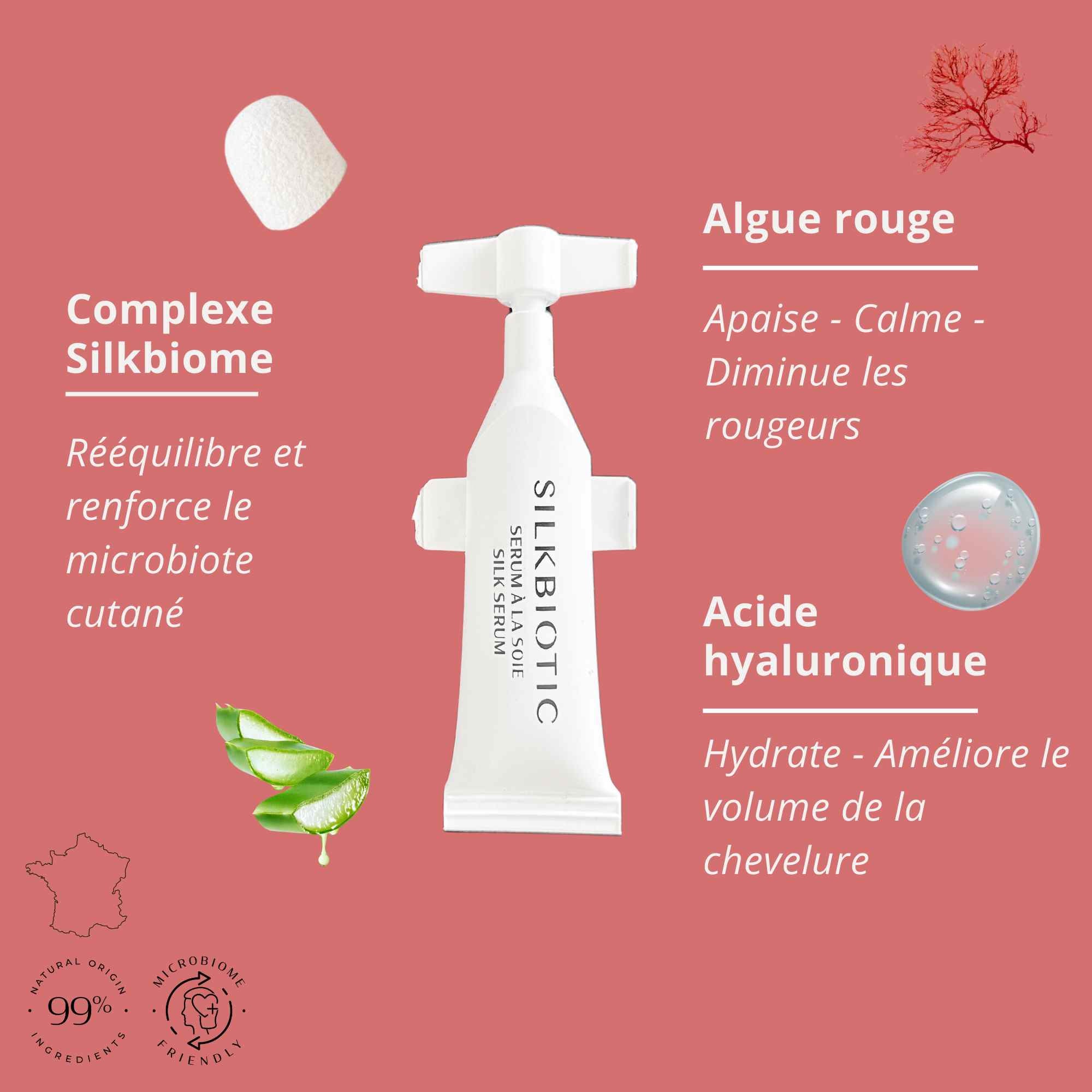 Sérum à la soie Silkbiotic avec complexe Silkbiome, algue rouge et acide hyaluronique.